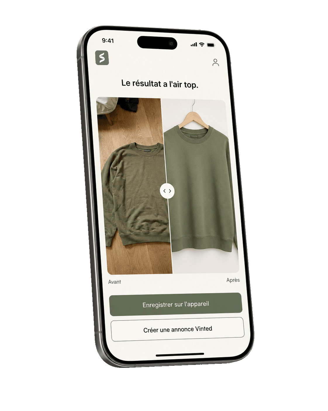 Aperçu de l'app Sellier sur iPhone montrant le résultat avant et après